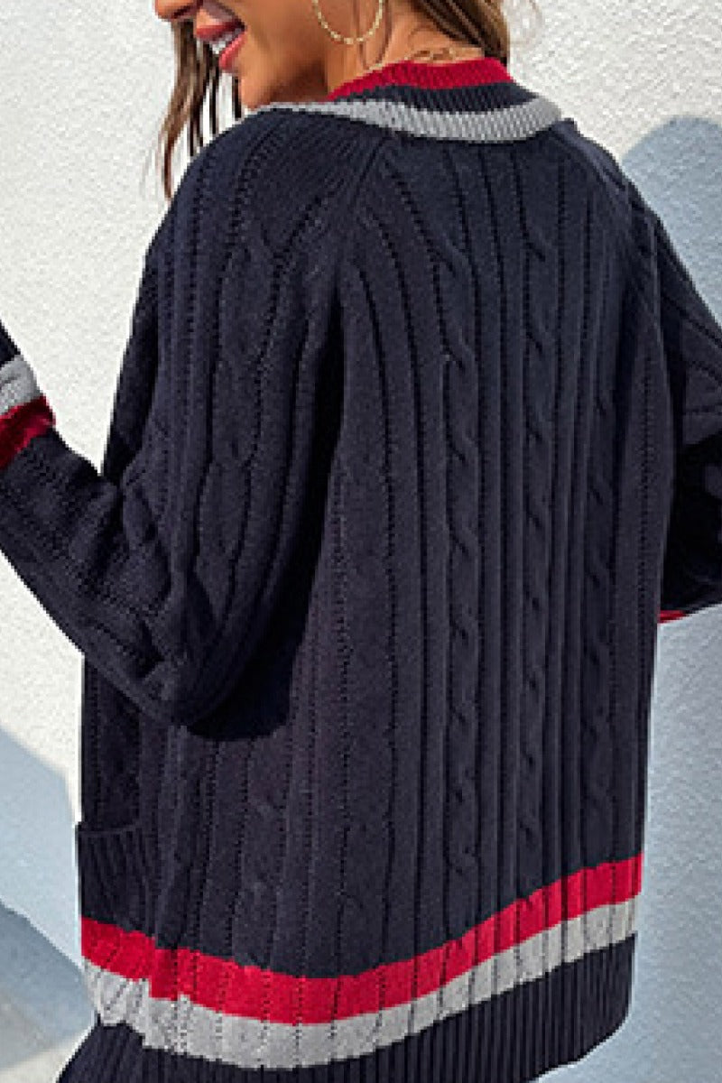 Striped Trim Cable-Knit Cardigan