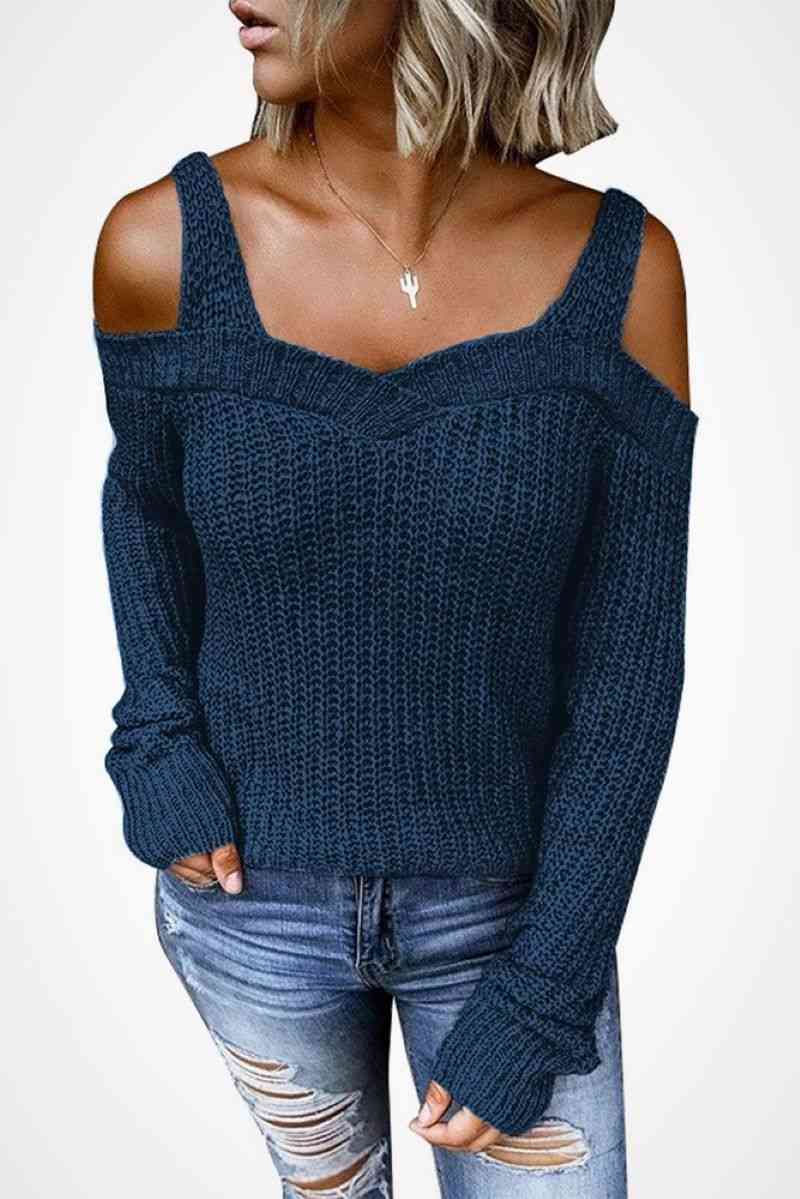 Long Sleeve Cold Shoulder Sweater - Men & women apparel, Women's swimwear, men's shirts and tops, Women jumpsuits and rompers, women spring fashion