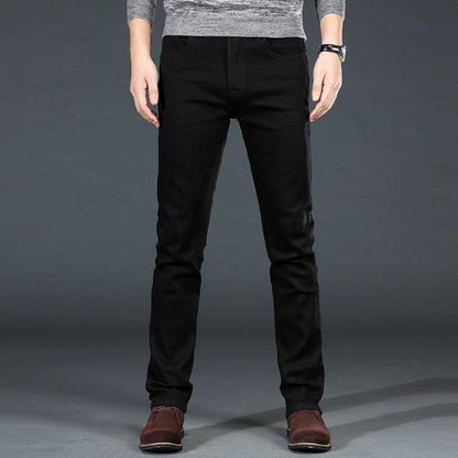Men's casual black jeans in slim fit showing front view and clean silhouette