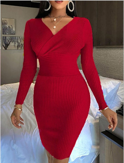 Knitted V Neck Sweater Dress - ProLyf Styles