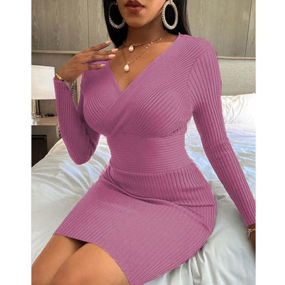 Knitted V Neck Sweater Dress - ProLyf Styles