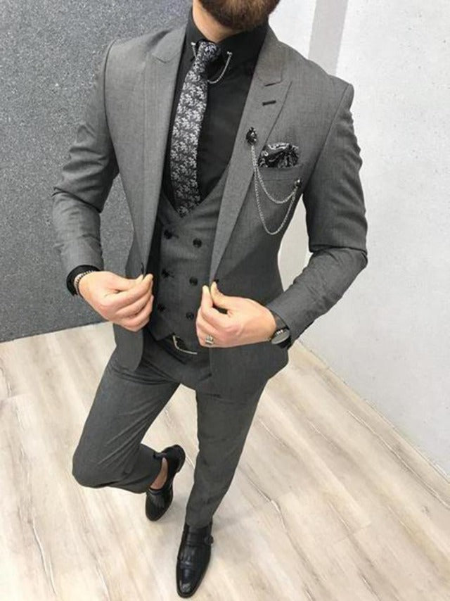 Mens Slim Fit Denim Look 3 Piece Formal Business Suit Set In Steel | SIRRI